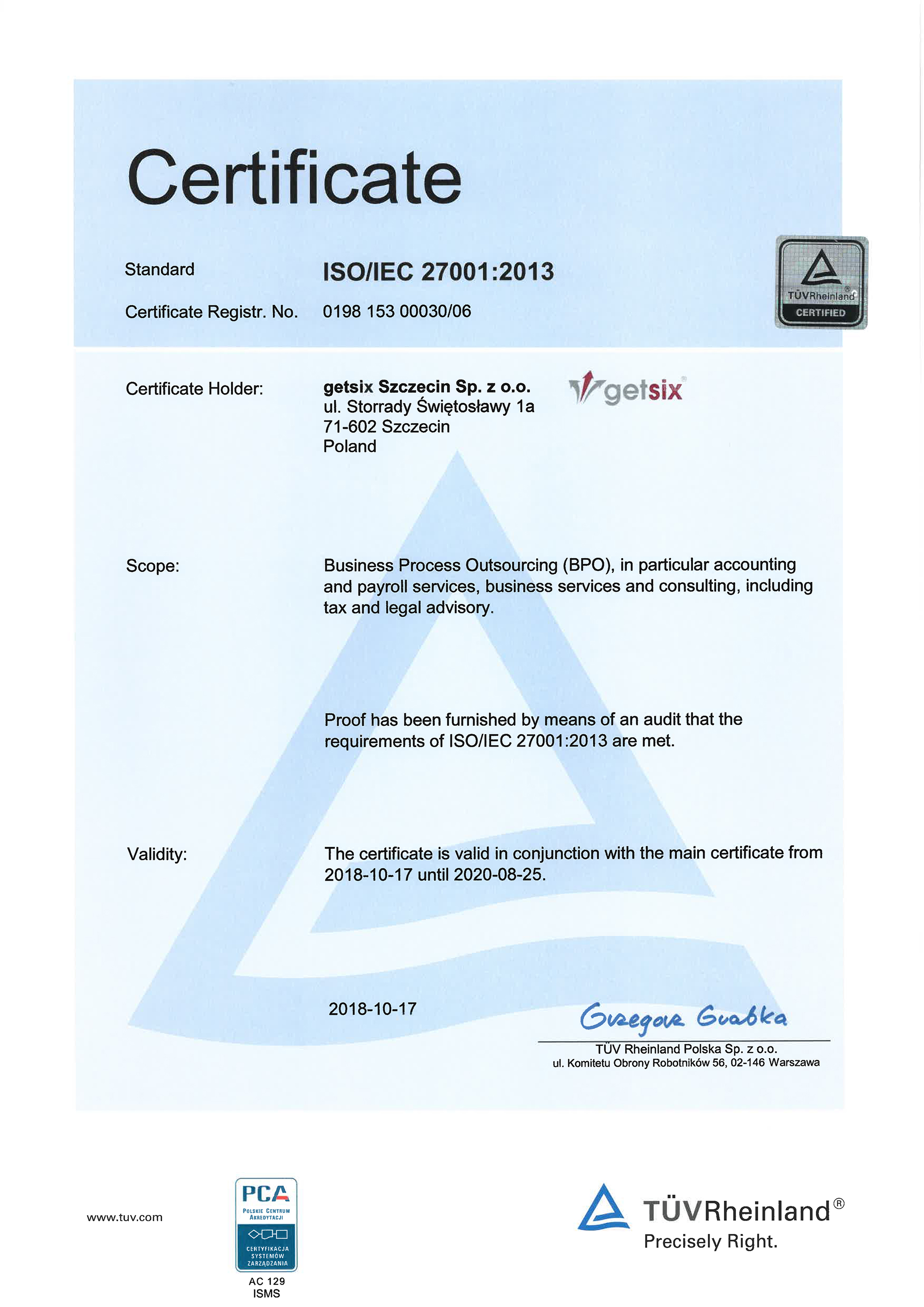 ISO/IEC 27001:2013 certificate
