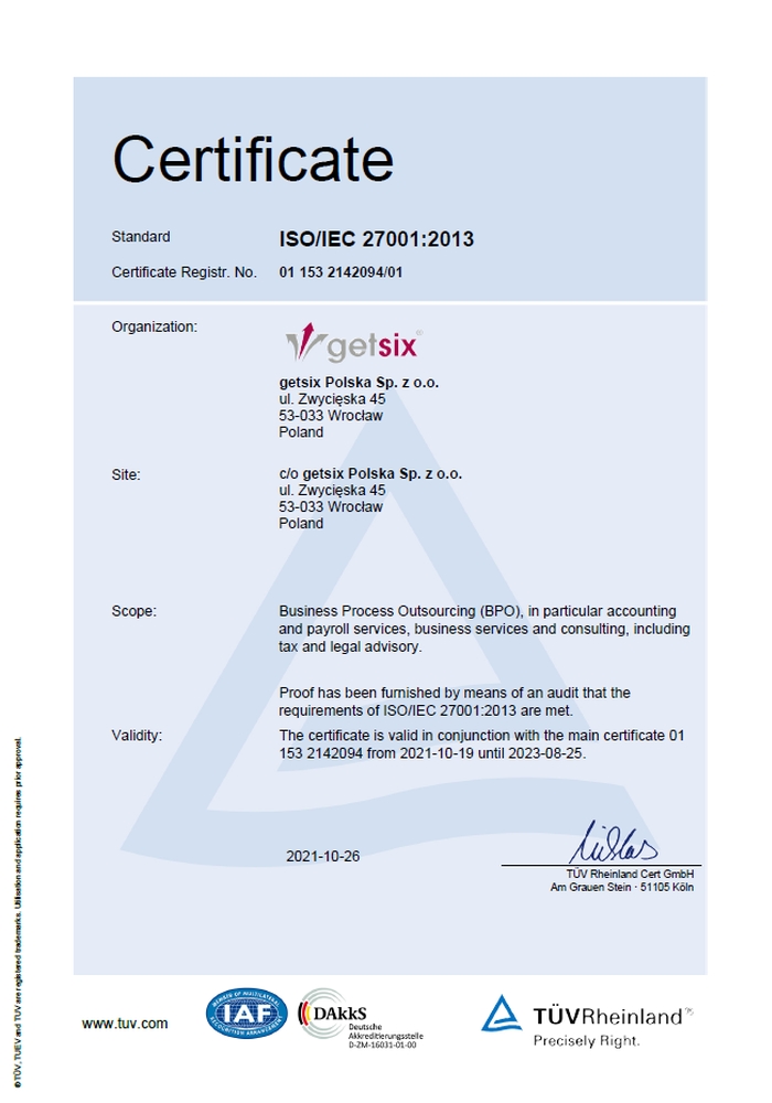 Certificate TÜV Rheinland ISO/IEC 27001:2013 getsix® Polska