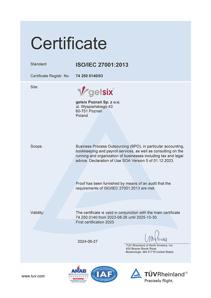 Certificate TÜV Rheinland ISO/IEC 27001:2013 getsix® Poznan