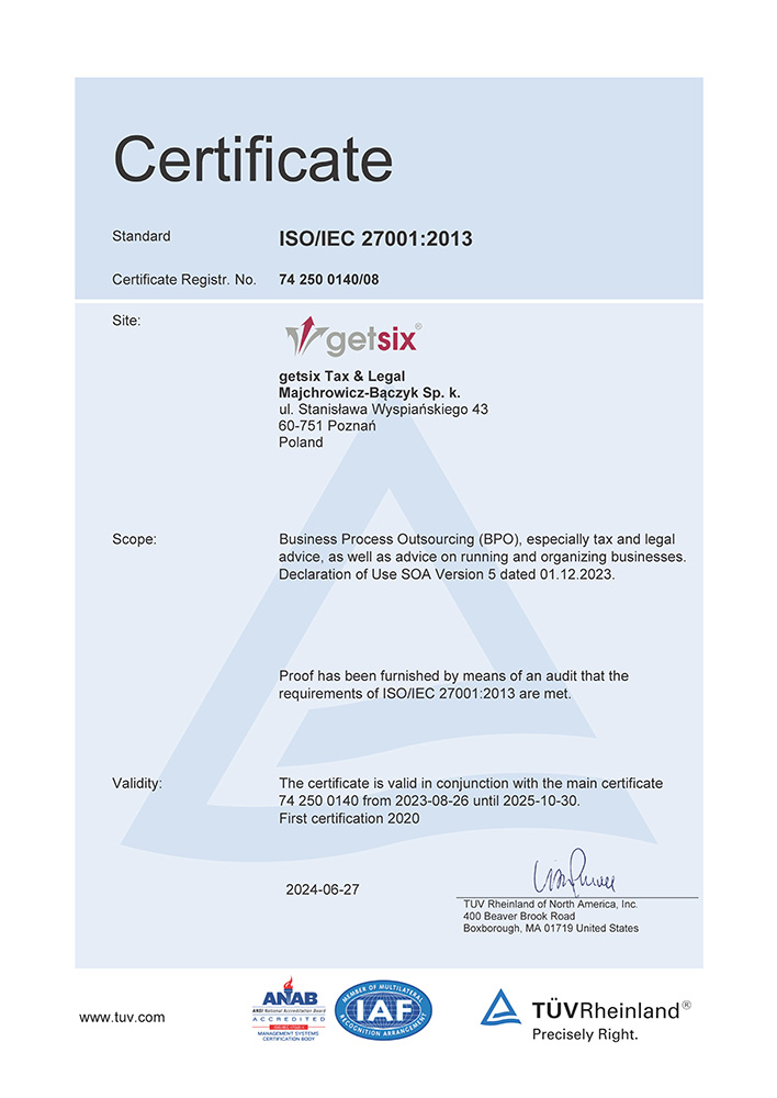Certificate TÜV Rheinland ISO/IEC 27001:2013 getsix® Tax & Legal