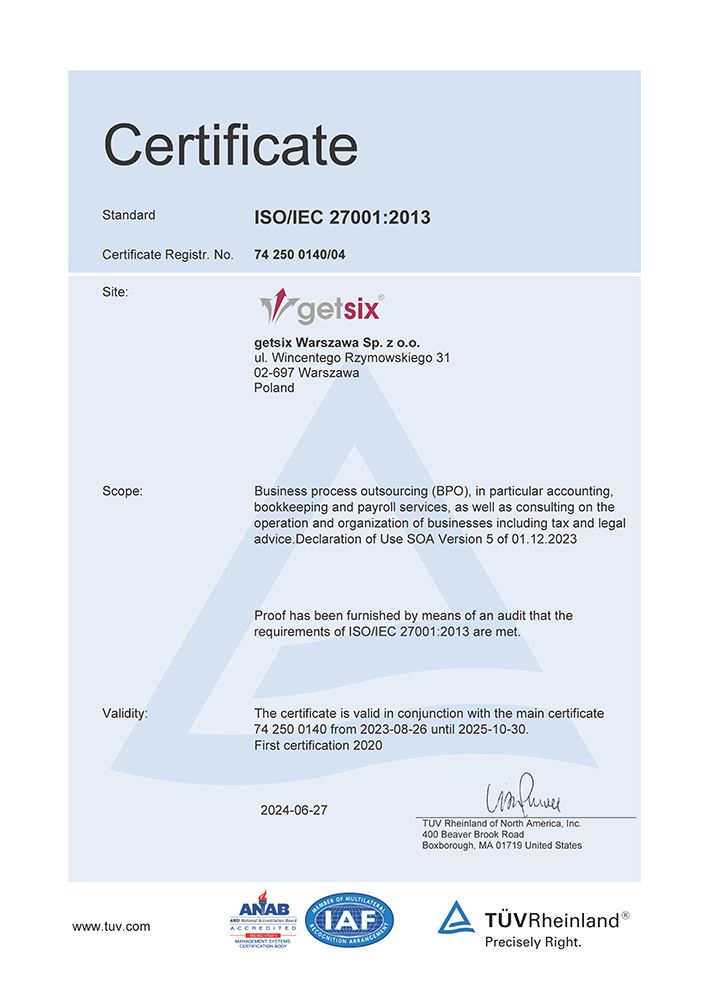 Certificate TÜV Rheinland ISO/IEC 27001:2013 getsix® Warsaw
