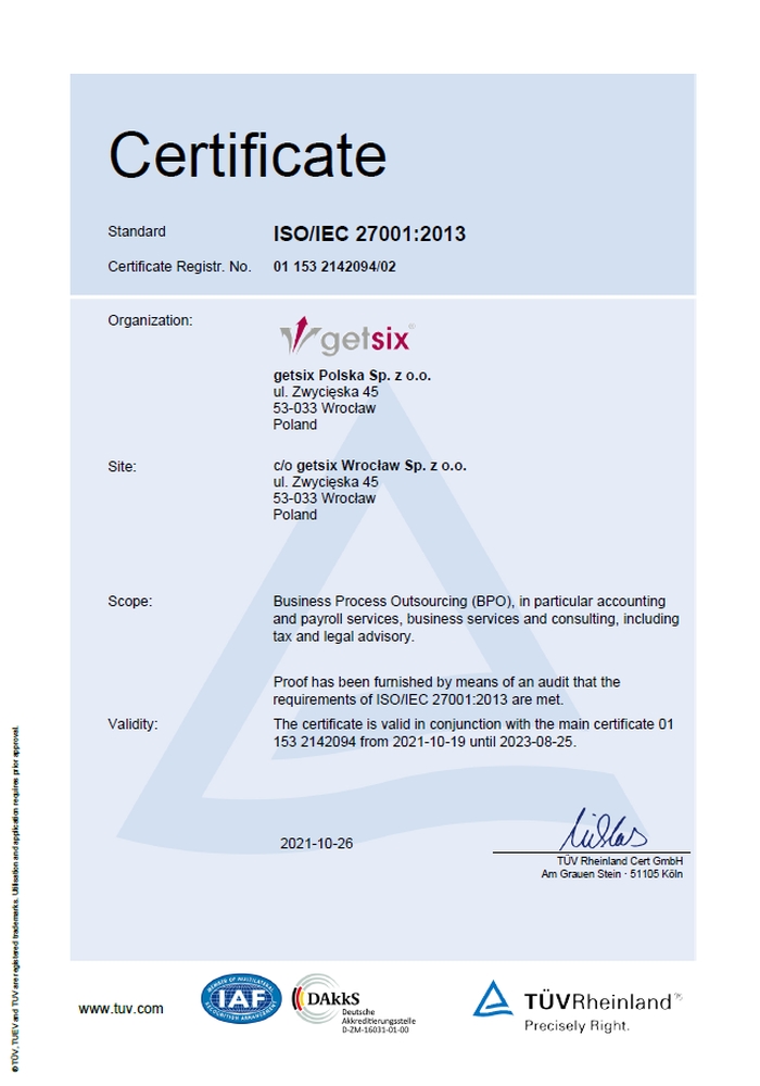 Certificate TÜV Rheinland ISO/IEC 27001:2013 getsix® Wroclaw