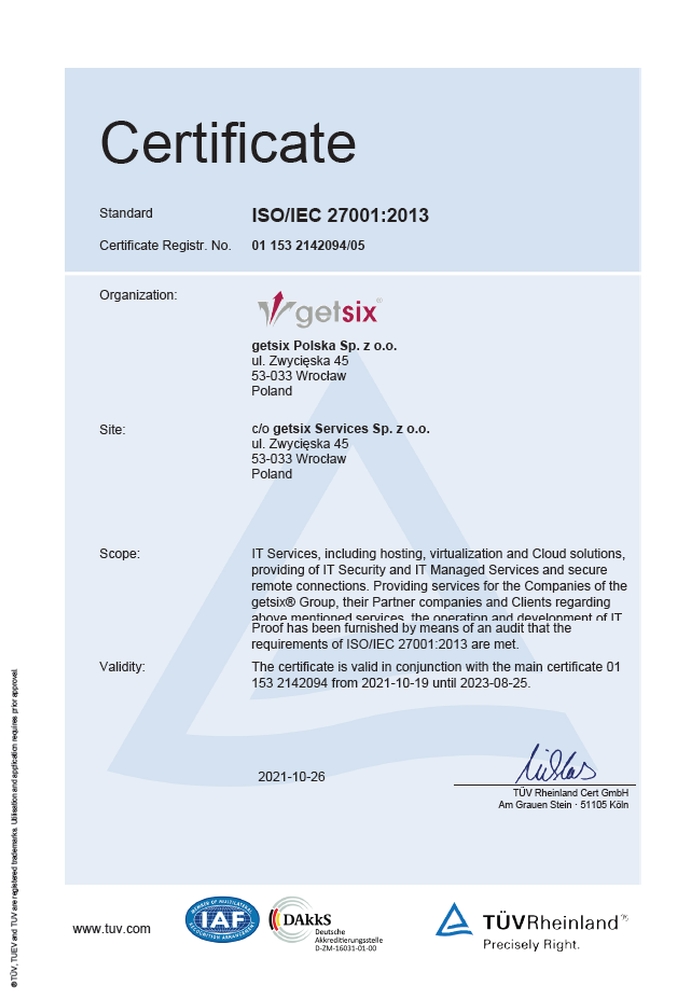 Certificate TÜV Rheinland ISO/IEC 27001:2013 getsix® services