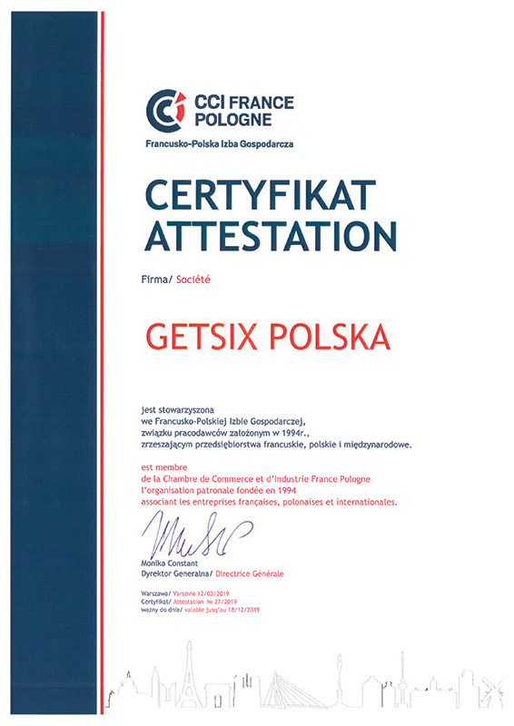 Certificate of French-Polish Chamber of Commerce Membership