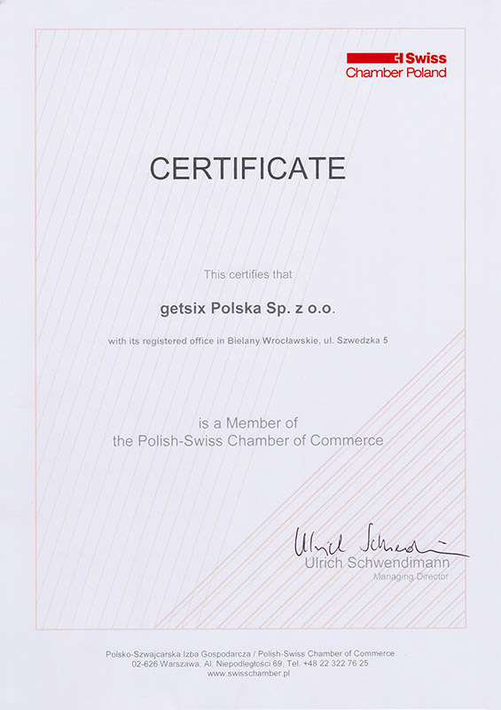 Certificate of Polish-Swiss Chamber of Commerce Membership