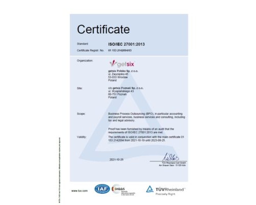 Certificate TÜV Rheinland ISO/IEC 27001:2013 getsix® Poznan