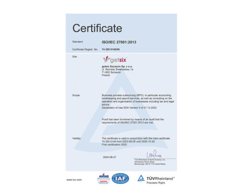 Certificate TÜV Rheinland ISO/IEC 27001:2013 getsix® Szczecin