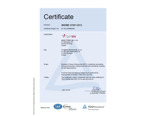 Certificate TÜV Rheinland ISO/IEC 27001:2013 getsix® Szczecin
