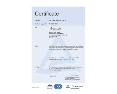 Certificate TÜV Rheinland ISO/IEC 27001:2013 getsix® Tax & Legal