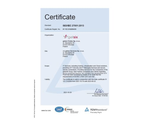 Certificate TÜV Rheinland ISO/IEC 27001:2013 getsix® services