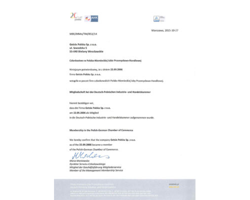 Certificate of Polish-German Industry and Trade Chamber Membership