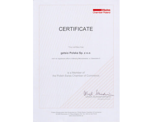 Certificate of Polish-Swiss Chamber of Commerce Membership